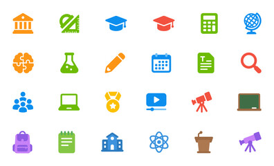 Education and Learning Icon Set: A comprehensive collection of flat vector symbols representing school, academic subjects, technology, research