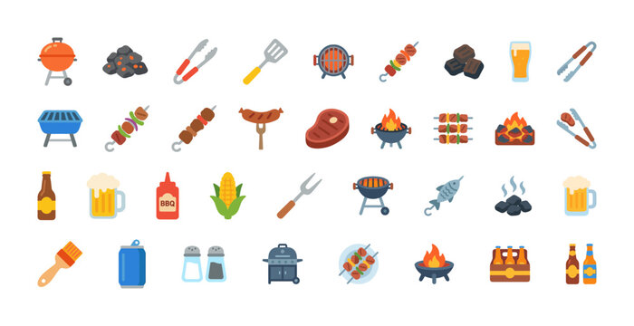 Barbecue, Grilling, and Cookout Icon Set: A comprehensive, colorful collection of flat vector symbols representing various grilling tools, food items, fire, and beverages 
