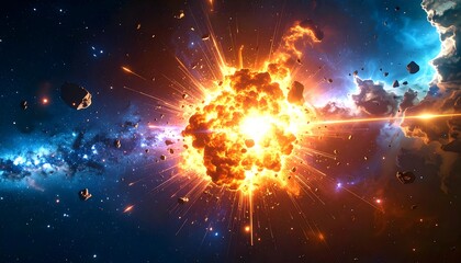 Stunning cosmic explosion illuminating nebulas and celestial debris across space
