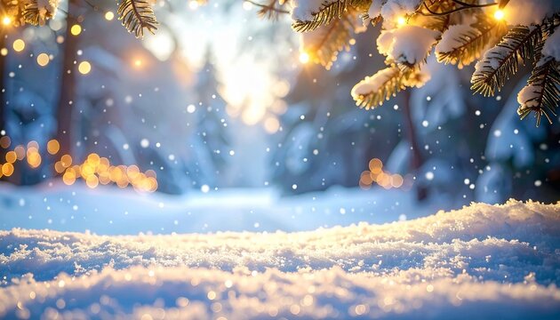 Festive Winter Holiday Background with Snow and Lights