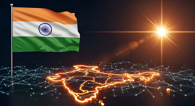Indian tricolor flag waving over a futuristic digital map of India with glowing connection lines and a bright sunburst symbolizing national progress technology economic growth