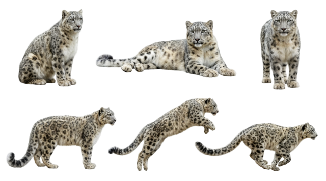 Snow leopard Set, different poses, sitting, lying, standing, jumping and running, isolated on a white background