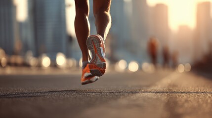 Runner Striding on City Street at Sunset, Urban Background