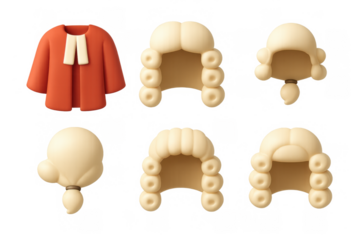 Legal attire icons featuring traditional robe and wigs for law and justice design