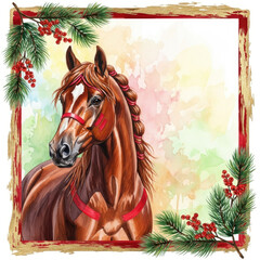Beautiful Chestnut Horse Portrait with Festive Christmas Decorations.