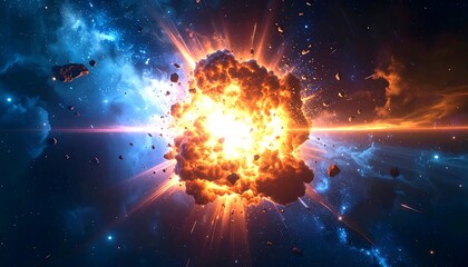Stunning cosmic explosion amidst the expanse of nebula and celestial bodies