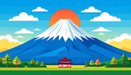 Vibrant minimalist view of iconic mountain with pagoda and sunset background