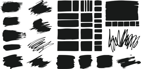 Collection of Black Ink Brush Strokes and Scribble Shapes Isolated on Transparent Background