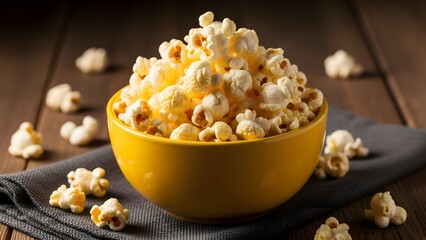 Close-up of fresh, fluffy popcorn in a yellow bowl on a wooden table