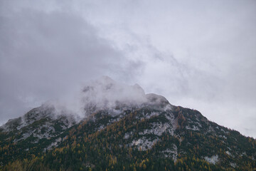 Misty mountain peak covered with clouds and forest in Bavaria