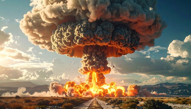 Atomic cloudscape: A monumental explosion over the desolate landscape scenery