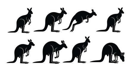 Silhouette illustrations of kangaroos in various poses and perspectives