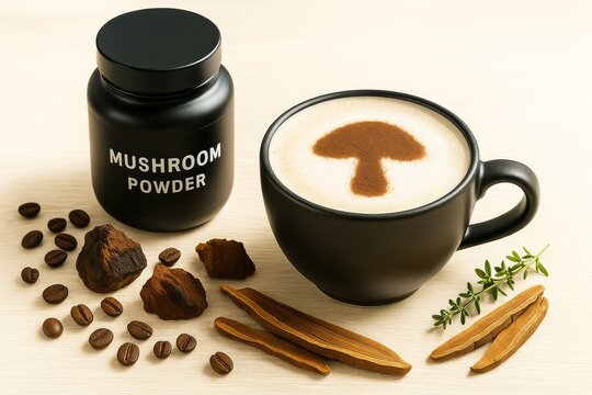 A cup of mushroom latte. Adaptogenic coffee, functional drink. Coffee beans, mushroom powder jar, and herbal ingredients