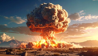 Dramatic Nuclear Explosion Over Arid Landscape With Distant Mountains Scene