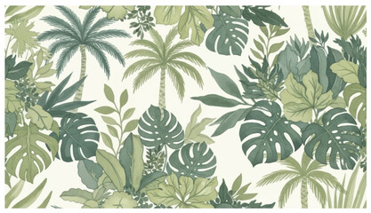 Tropical botanical landscape, palm tree,monstera, plant floral seamless background. Exotic green jungle wallpaper