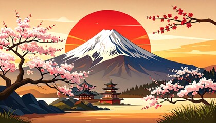 Japanese Springtime Vista: Mount Fuji, Cherry Blossoms, and Tranquil Waters