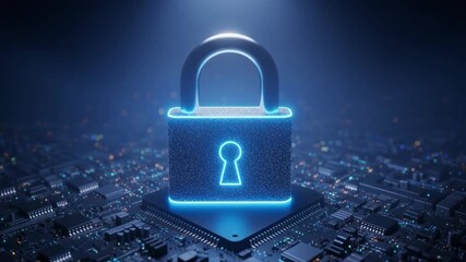 Glowing digital padlock symbolizing data protection and cybersecurity standing on a dark futuristic circuit board with blue neon light effects - Powered by Adobe