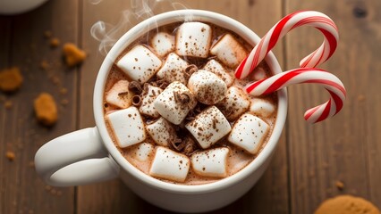 Hot chocolate with marshmallows and candy cane in a white mug.