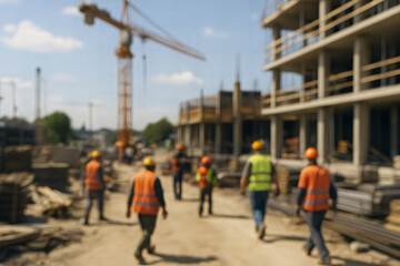 Obraz premium Blurred construction site with workers and crane AI generated