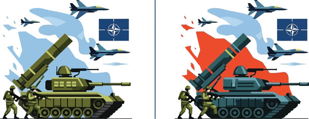 Naklejka premium Military equipment and nato flags symbolizing defense and security cooperation