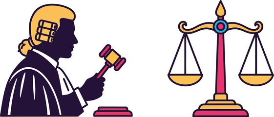 Judge with gavel and scales of justice in a courtroom setting