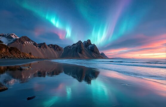 a breathtaking view of the aurora borealis illuminating an island with rocky peaks, reflecting in the calm waters under a starry sky