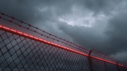 Fototapeta premium A futuristic security fence with glowing red light and barbed wire under a dramatic stormy sky