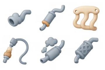 Exhaust system icons set for automotive design and mechanical illustration