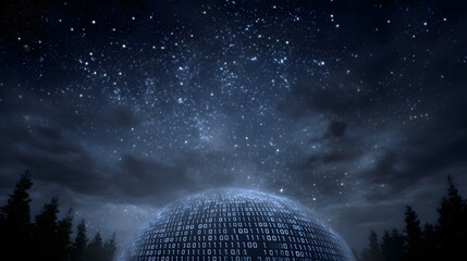 A digital sphere of binary code glows under a starry night sky surrounded by silhouetted trees
