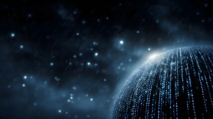 Futuristic digital sphere composed of binary code illuminated against a dark starry rain streaked cosmic background