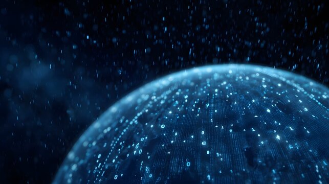 A glowing blue digital globe covered in binary code set against a dark star filled background with falling particles - Powered by Adobe