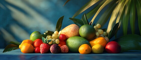 Vibrant Tropical Fruits on Blue Flatlay