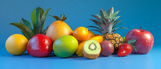 Vibrant Tropical Fruits on Blue Surface