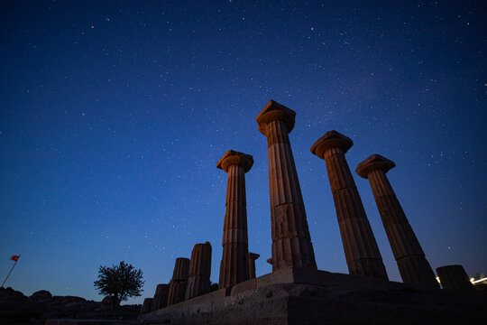 Assos Ancient City and Old Port Drone Photo,  Temple of Athena in the Sunset Time, Assos Behramkale, Ayvacik Canakkale, Turkiye (Turkey)