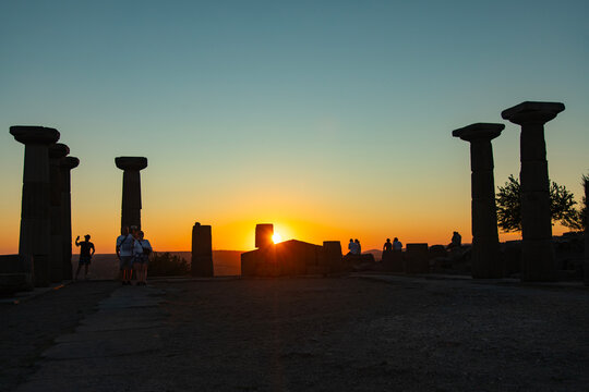 Assos Ancient City and Old Port Drone Photo,  Temple of Athena in the Sunset Time, Assos Behramkale, Ayvacik Canakkale, Turkiye (Turkey)