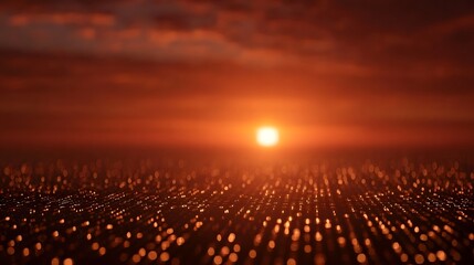 A vibrant crimson sunset casts a warm glow over an abstract digital landscape of glowing lights and data points