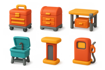 Creative workshop icons with tool station, toolbox, and fuel pump for design projects
