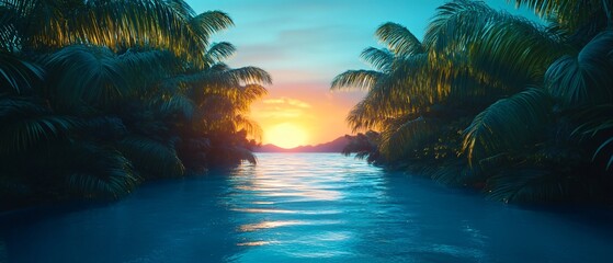 Serene Palm Tree Silhouettes Blue Twilight