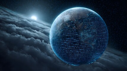 A digital globe composed of binary code floats in space above clouds illuminated by a bright light