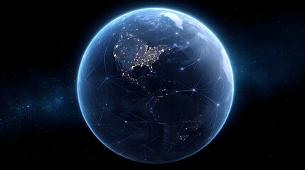 A digital global network overlay on planet Earth at night with city lights visible