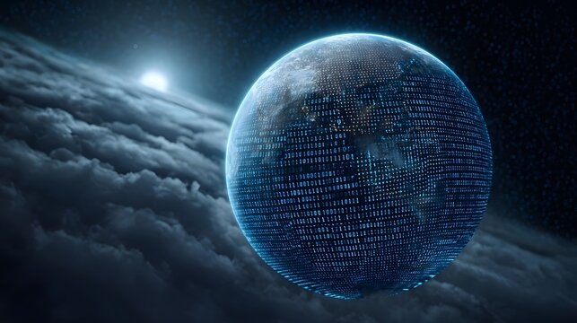 A digital globe composed of binary code floats in space above clouds illuminated by a bright light - Powered by Adobe