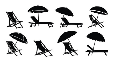 A collection of black silhouettes depicting beach chairs and parasols © MdNirob