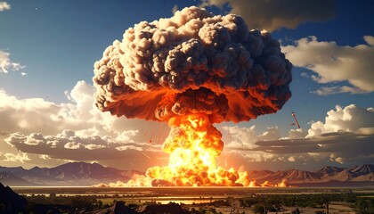 Mushroom cloud looming over the horizon, symbol of potential catastrophic devastation