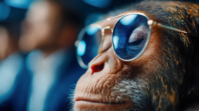 Close-up of a stylish monkey wearing reflective sunglasses, creating a humorous business-themed portrait