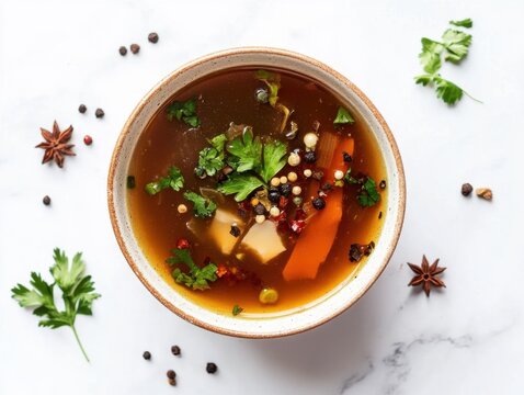 Minimalist bowl of kombucha-infused soup with bright spices and garnishes - Powered by Adobe