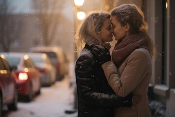 Lesbian couple embracing outdoors romantic romance.