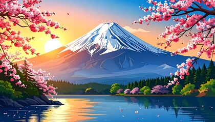 Serene Sunrise Over Majestic Mountain and Lake with Cherry Blossom