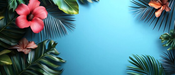 Exotic Palm Leaf with Blossom on Blue