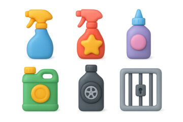 Fototapeta premium Colorful cartoon icon set featuring cleaning and maintenance tools for design and print projects