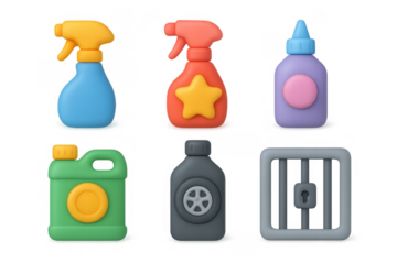 Colorful cartoon icon set featuring cleaning and maintenance tools for design and print projects